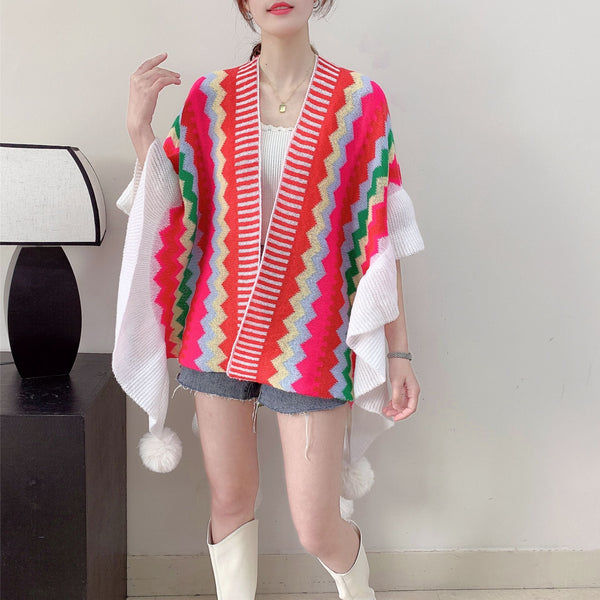 Womens Printed Knitted Cardigan Cape With Ruffled Sleeves Jumpers & Cardigans