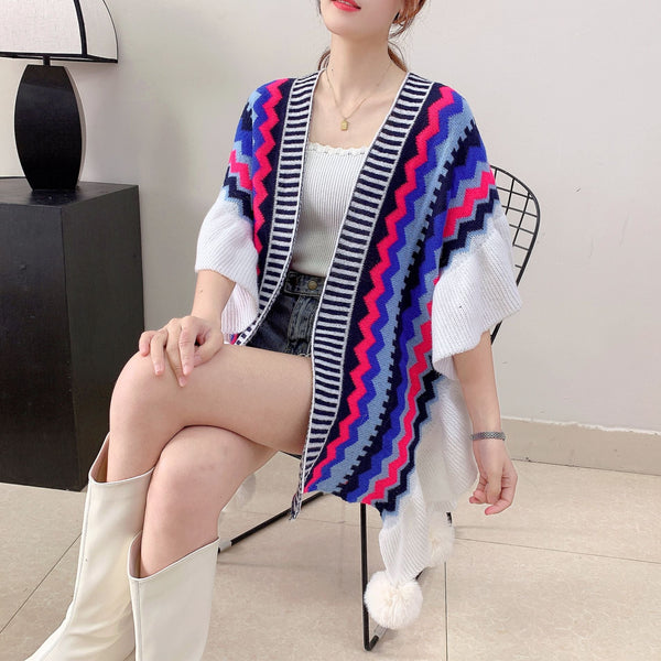 Womens Printed Knitted Cardigan Cape With Ruffled Sleeves Jumpers & Cardigans