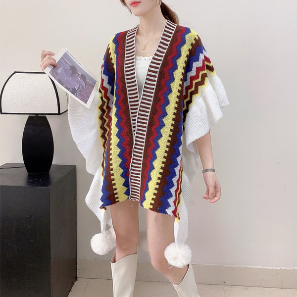 Womens Printed Knitted Cardigan Cape With Ruffled Sleeves Jumpers & Cardigans