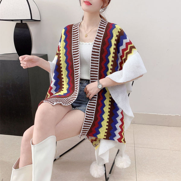 Womens Printed Knitted Cardigan Cape With Ruffled Sleeves Jumpers & Cardigans
