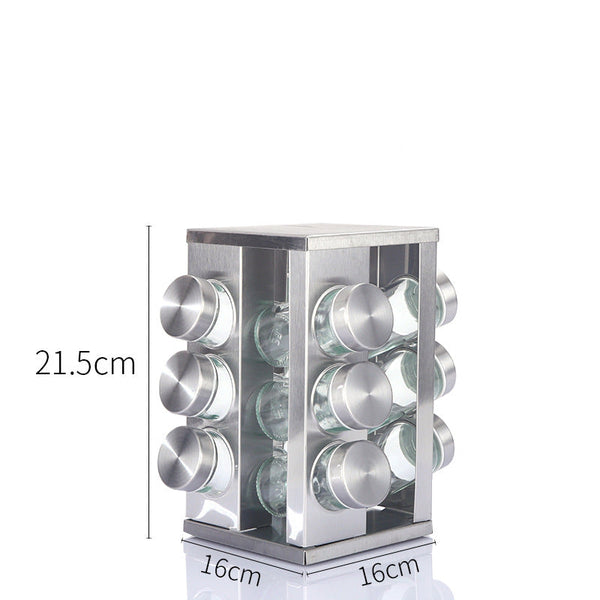 Modern Stainless Steel Square Spice Revolving Rack With 12 (88 Ml Each) Empty Glass Jars Spice Jars & Racks