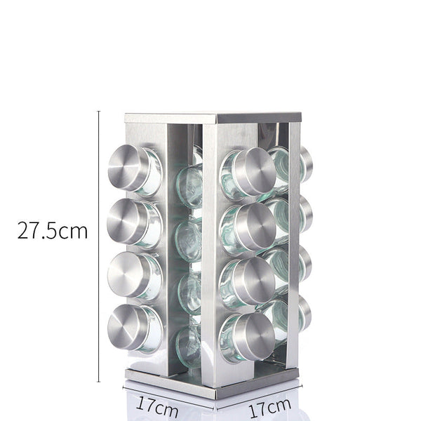 Modern Stainless Steel Rounded Corner Rotating Spice Rack With 16 Empty Glass Jars (88 Ml Each) Spice Jars & Racks