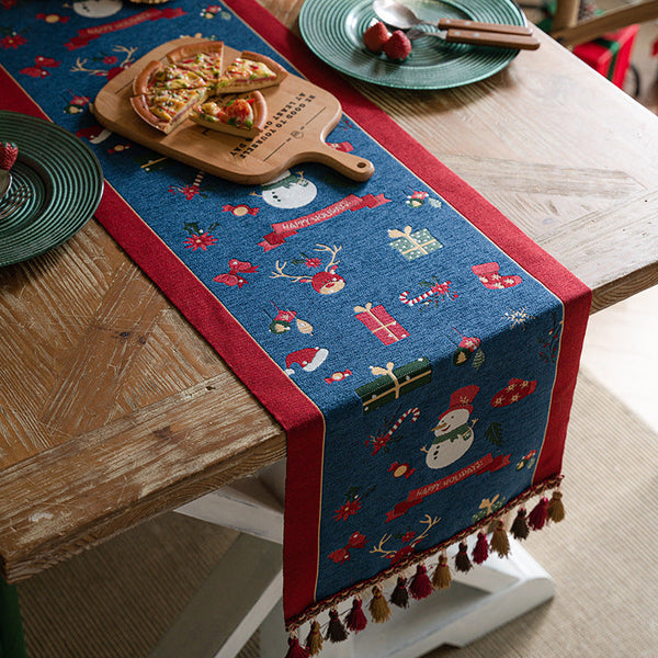 Blue Christmas Festive Table Runner With Snowman Reindeer And Happy Holidays (35*220Cm) Table Runners
