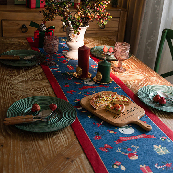 Blue Christmas Festive Table Runner With Snowman Reindeer And Happy Holidays (35*220Cm) Table Runners