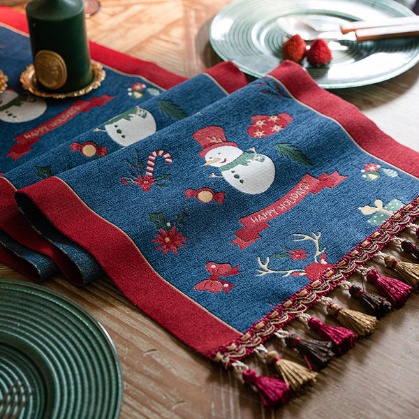 Blue Christmas Festive Table Runner With Snowman Reindeer And Happy Holidays (35*220Cm) Table Runners