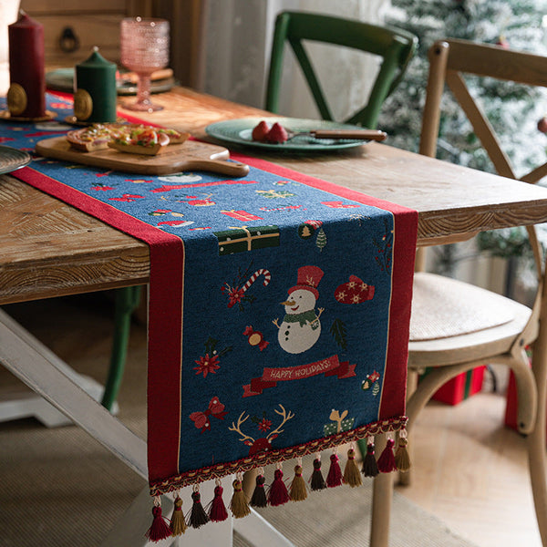Blue Christmas Festive Table Runner With Snowman Reindeer And Happy Holidays (35*220Cm) Table Runners