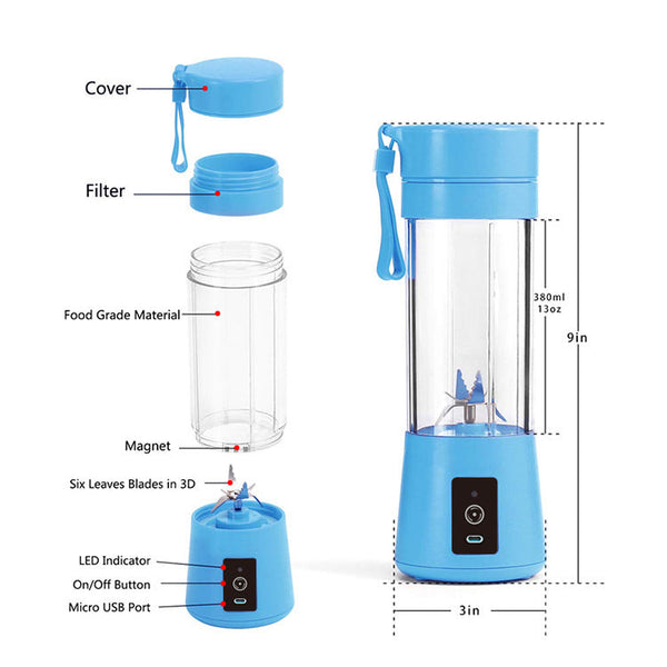 Blue Blender Usb Rechargeable Personal Size Smoothie Maker On The Go Handheld Blenders