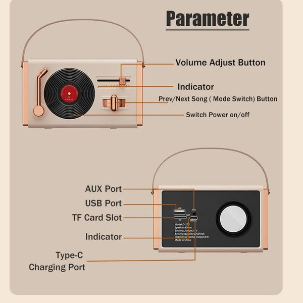 Beige Retro Record Player Style Bluetooth Speaker Portable Wireless Turntable Design Audio Ipods & Mp3 Players