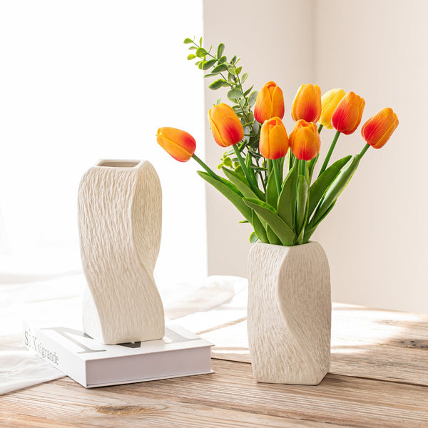 White Abstract Twisted Ceramic Vase Artistic Minimalist Flower Holder For Home Decor (20X10x10cm) Vases