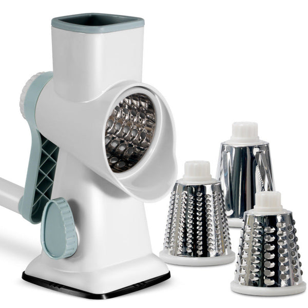 White Rotary Cheese Grater & Vegetable Slicer Manual Shredder With 3 Interchangeable Drums Peelers & Slicers