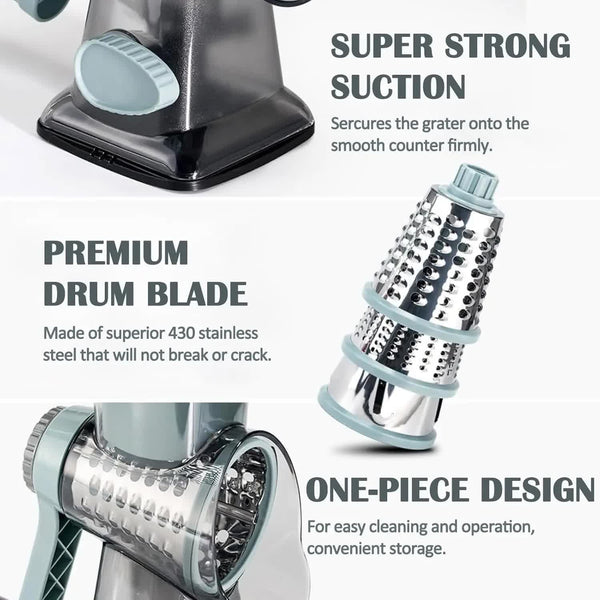 White Rotary Cheese Grater & Vegetable Slicer Manual Shredder With 3 Interchangeable Drums Peelers & Slicers