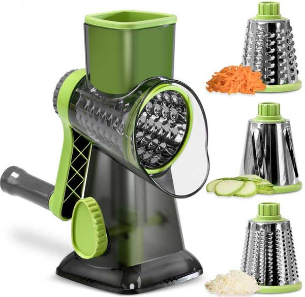 White Rotary Cheese Grater & Vegetable Slicer Manual Shredder With 3 Interchangeable Drums Peelers & Slicers