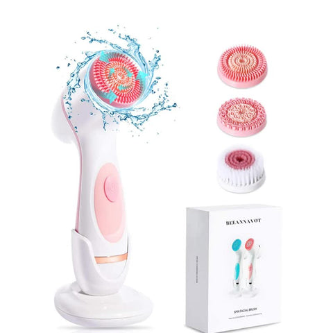 Pink Waterproof Facial Cleansing Spin Brush Set Rechargeable With 3 Heads & Charging Stand Facial Cleansing Devices