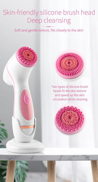 Pink Waterproof Facial Cleansing Spin Brush Set Rechargeable With 3 Heads & Charging Stand Facial Cleansing Devices