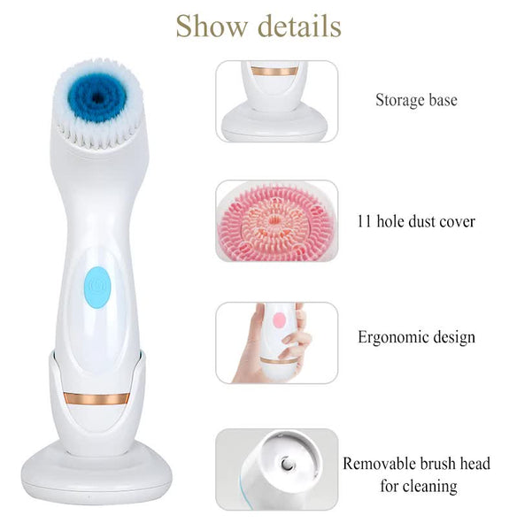 Pink Waterproof Facial Cleansing Spin Brush Set Rechargeable With 3 Heads & Charging Stand Facial Cleansing Devices