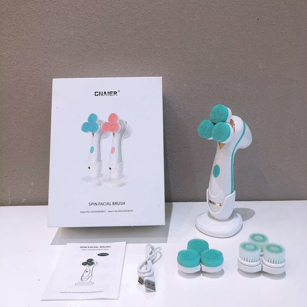 Blue 3 Head Electric Facial Cleansing Brush Rechargeable Spin Scrubber Kit Facial Cleansing Devices