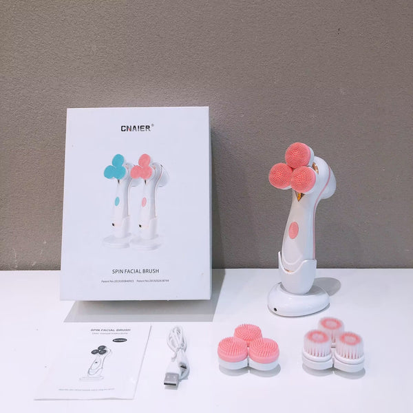 Blue 3 Head Electric Facial Cleansing Brush Rechargeable Spin Scrubber Kit Facial Cleansing Devices