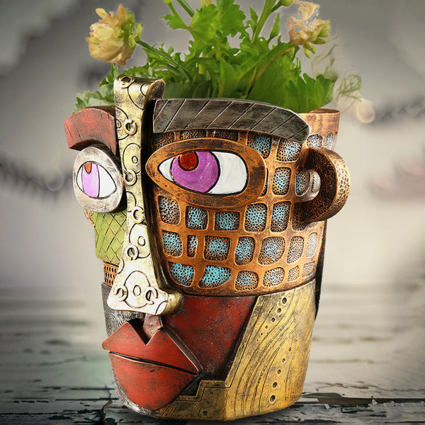 Abstract Face Planter Pot Artistic Resin Decor For Succulents & Plants (Antique Style 12.5*12*9Cm) Baskets Pots Window Boxes
