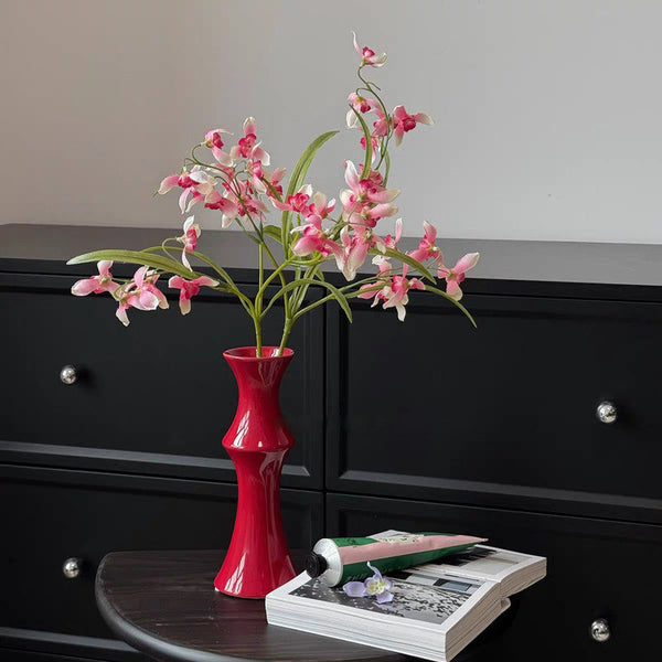 Glossy Red Ceramic Vase Unique Bamboo Look Design (20X8x5.5Cm) Vases