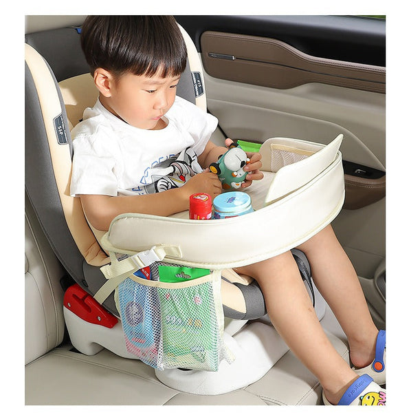 Kids Car Seat Travel Tray Waterproof Lap Desk With Storage Pockets (Beige Bear Round) Car Organisers