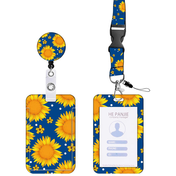 2 Pcs Retractable Id Badge Reel Lanyard Set With Vertical Hard Plastic Card Holder Blue Yellow Floral (Style 1) Id & Document Holders