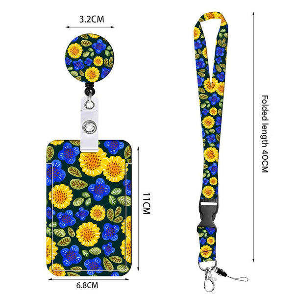 2 Pcs Retractable Id Badge Reel Lanyard Set With Vertical Hard Plastic Card Holder Blue Yellow Floral (Style 1) Id & Document Holders