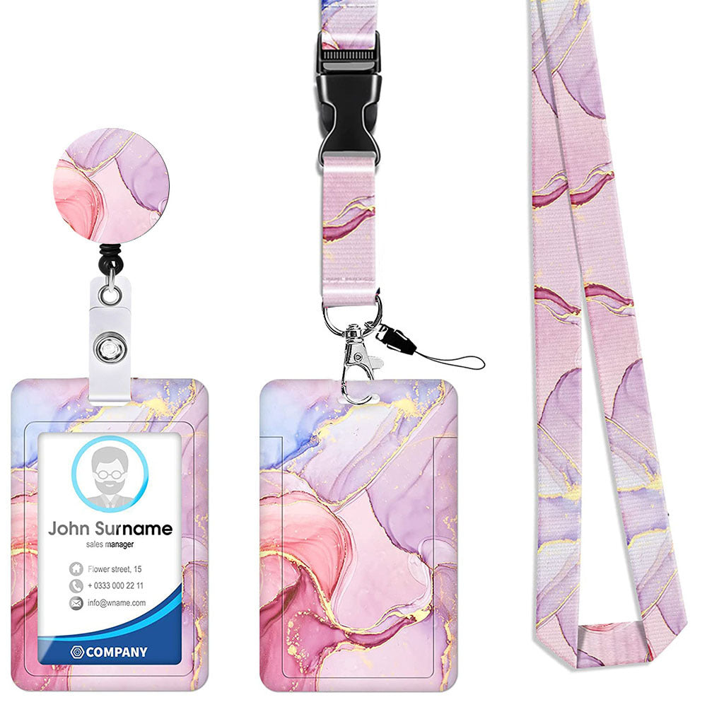 2 Pcs Retractable Id Badge Reel Lanyard Set With Vertical Hard Plastic Card Holder Pink Marble Patterns (Style 6) Id & Document Holders