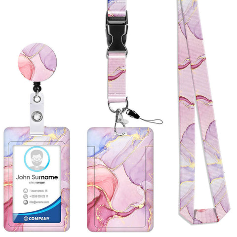 2 Pcs Retractable Id Badge Reel Lanyard Set With Vertical Hard Plastic Card Holder Pink Marble Patterns (Style 6) Id & Document Holders