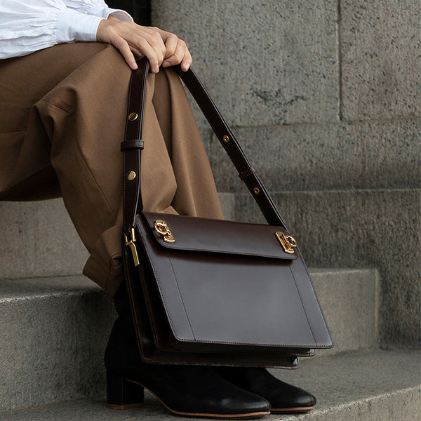 Brown Premium Leather Underarm Bag With Elegant Accordion Design Women's Bags & Handbags