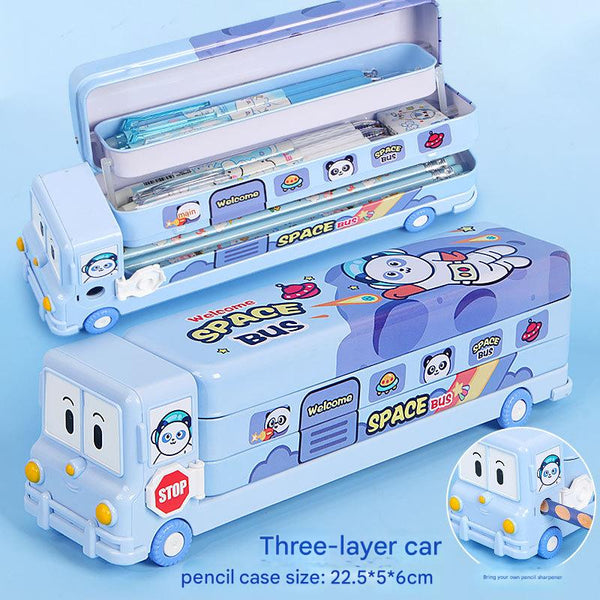 2 Pcs Blue Fun School Bus Pencil Box With Built In Sharpener 3 Layer Large Capacity Stationery For Kids Pencil Cases