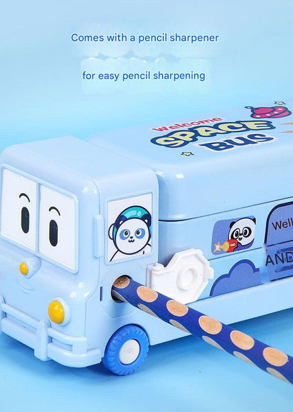 2 Pcs Blue Fun School Bus Pencil Box With Built In Sharpener 3 Layer Large Capacity Stationery For Kids Pencil Cases