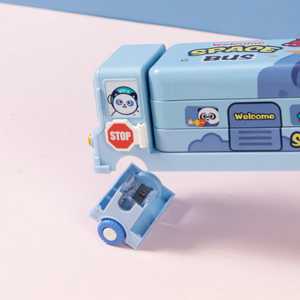 2 Pcs Blue Fun School Bus Pencil Box With Built In Sharpener 3 Layer Large Capacity Stationery For Kids Pencil Cases