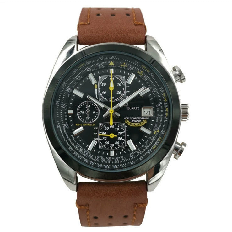 Brown Leather Black Dial Watch Elegant Men's Quartz Chronograph With 42Mm Case And Perpetual Calendar Watches