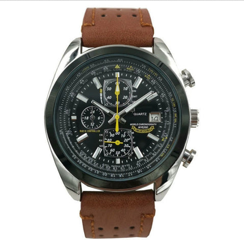 Brown Leather Black Dial Watch Elegant Men's Quartz Chronograph With 42Mm Case And Perpetual Calendar Watches