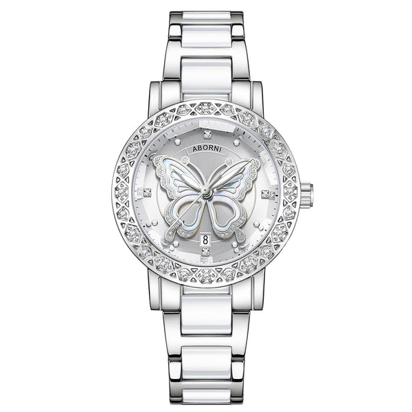 Women's Butterfly Quartz Watch With Ceramic Steel Strap And Luminous Hands Silver Shell White Surface Belt Watches
