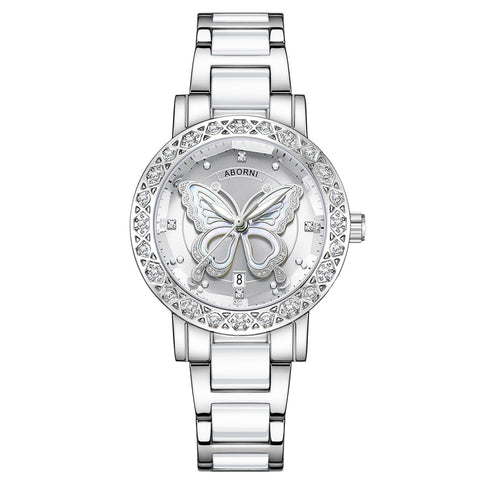 Women's Butterfly Quartz Watch With Ceramic Steel Strap And Luminous Hands Silver Shell White Surface Belt Watches