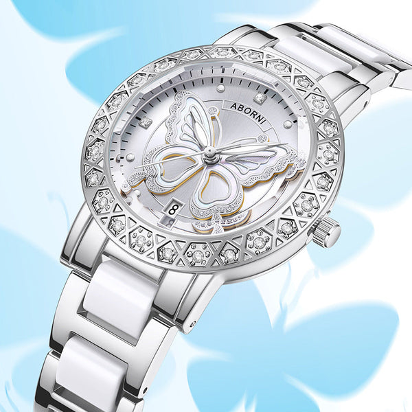 Women's Butterfly Quartz Watch With Ceramic Steel Strap And Luminous Hands Silver Shell White Surface Belt Watches