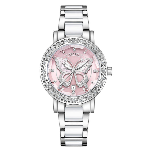 Women's Butterfly Quartz Watch With Ceramic Steel Strap And Luminous Hands Silver Shell Powder Pink Surface Belt Watches