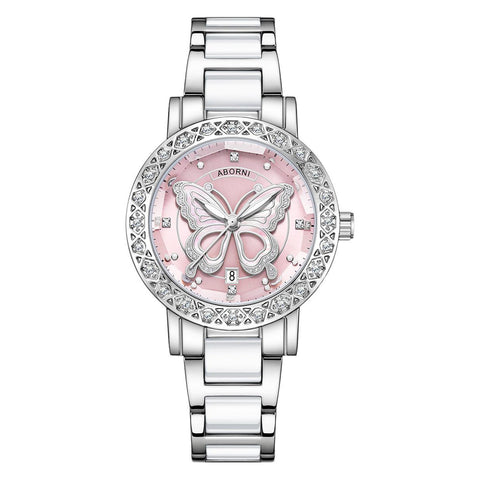 Women's Butterfly Quartz Watch With Ceramic Steel Strap And Luminous Hands Silver Shell Powder Pink Surface Belt Watches