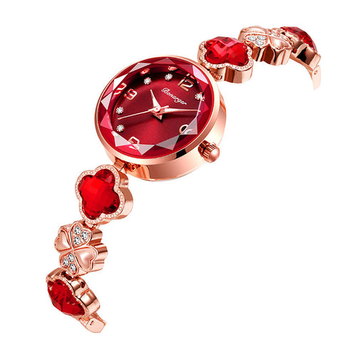 Red Women's Four Leaf Clover Quartz Watch With Dial And Crystal Accents Watches