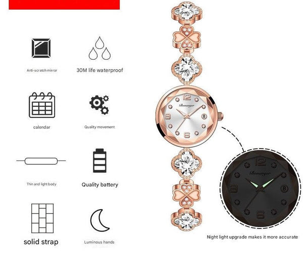 White Women's Four Leaf Clover Quartz Watch With Red Dial And Crystal Accents Watches
