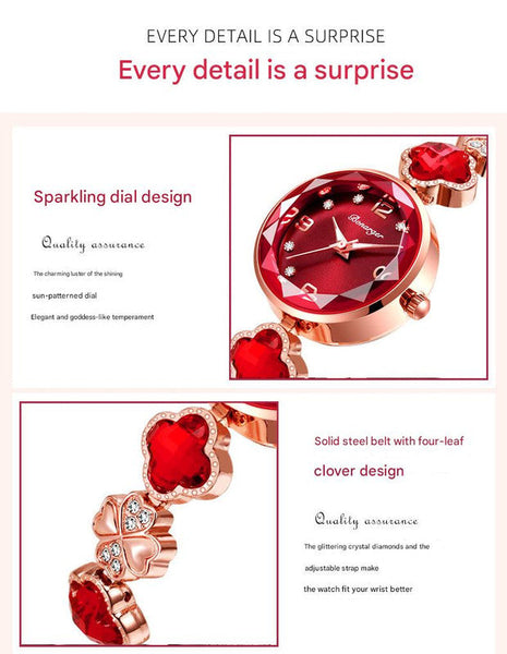 White Women's Four Leaf Clover Quartz Watch With Red Dial And Crystal Accents Watches