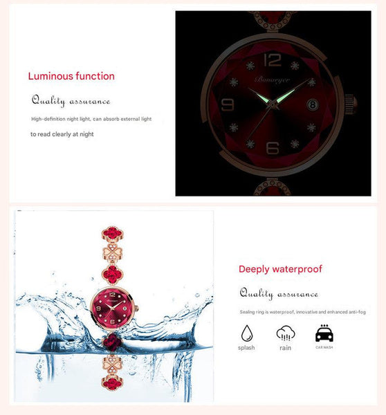 White Women's Four Leaf Clover Quartz Watch With Red Dial And Crystal Accents Watches