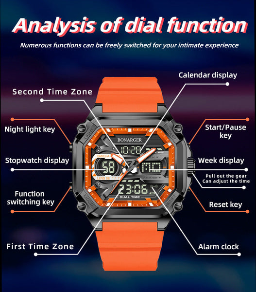 Orange Men's Dual Display Watch Time Digital Analog Waterproof Sports Packing Organisers