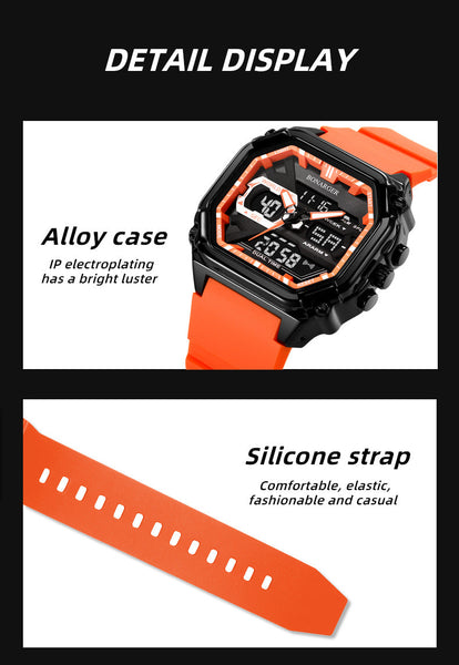Orange Men's Dual Display Watch Time Digital Analog Waterproof Sports Packing Organisers