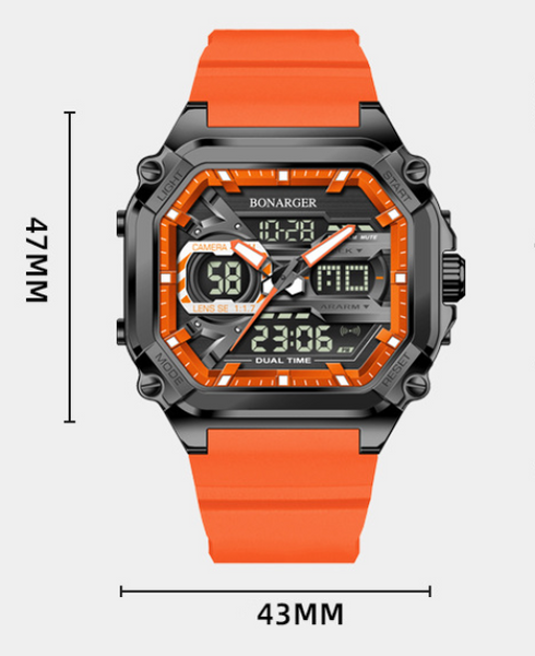 Orange Men's Dual Display Watch Time Digital Analog Waterproof Sports Packing Organisers