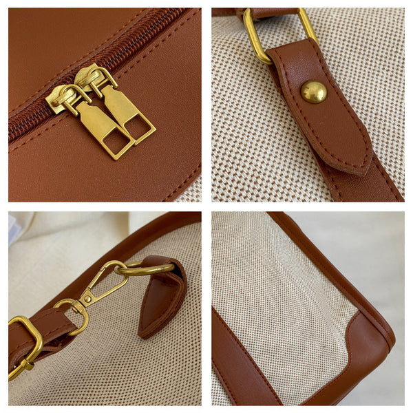 Brown Contrast Color Women's Travel Bag Canvas & Pu Leather Trim Luggage (43X27x19cm) Other Luggage