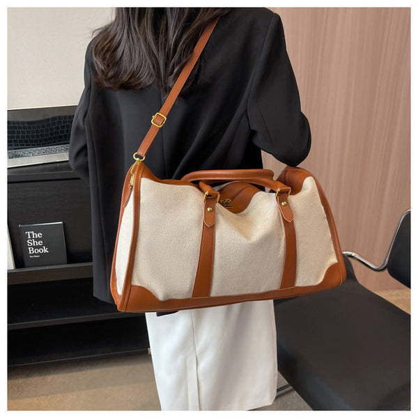 Brown Contrast Color Women's Travel Bag Canvas & Pu Leather Trim Luggage (43X27x19cm) Other Luggage