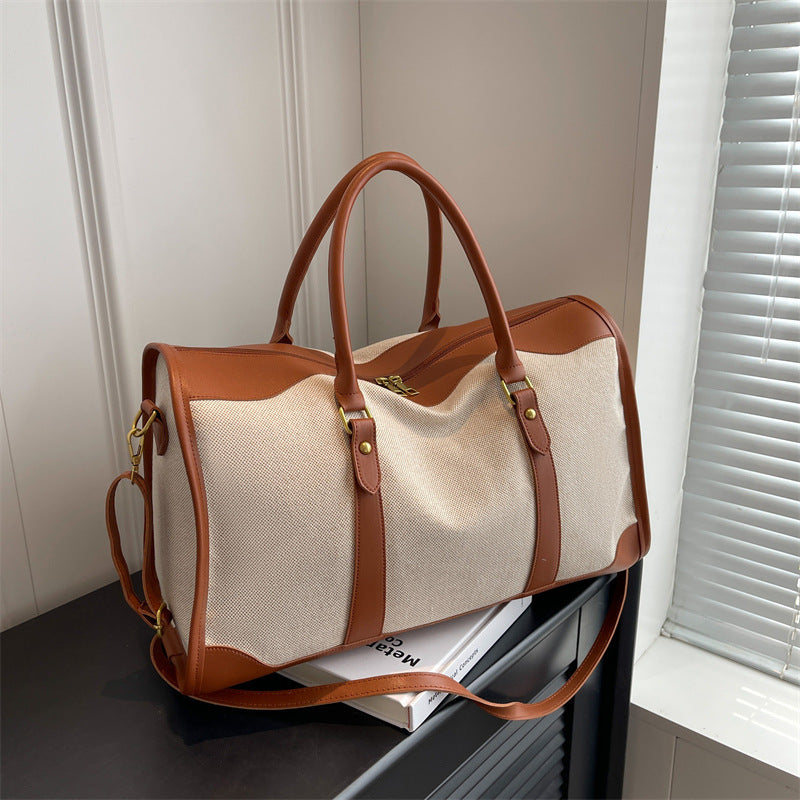 Brown Contrast Color Women's Travel Bag Canvas & Pu Leather Trim Luggage (32X21x14cm) Other Luggage