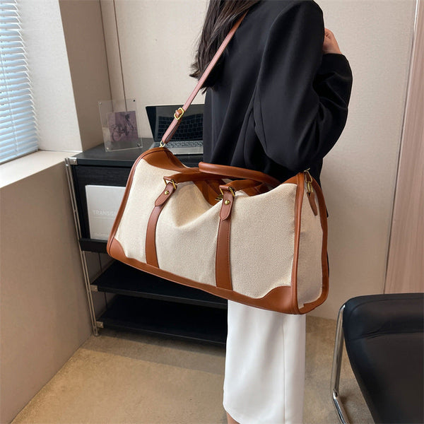 Brown Contrast Color Women's Travel Bag Canvas & Pu Leather Trim Luggage (32X21x14cm) Other Luggage